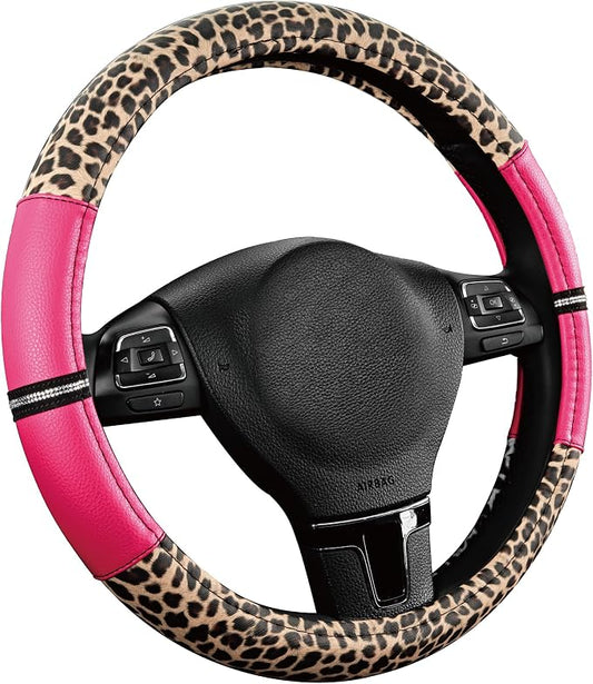 Road Comforts Leopard Steering Wheel Cover for Women, Cute Anti-Slip Microfiber Leather, Universal Fit 14.5-15 Inch Round Steering Wheel - HotPink