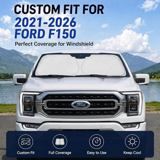 Custom Fit Windshield Sun Shade for Ford F150 F250 F350 2021-2026 | Custom Fit Windshield Cover, Blocks UV Rays, Double-Layer Heat Shield, Durable Frame, Easy Storage