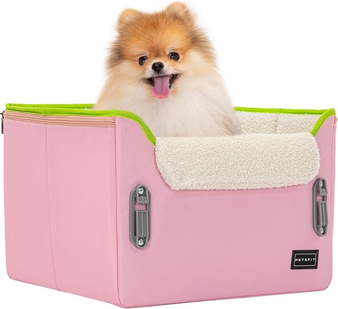 PETSFIT Small Dog Car Seat โ Patented Safety Buckles โ Safety Tether โ Foldable Travel Cat Car Seat Reduces Anxiety & Road Trips โ Stable Frame, Soft Cushion, Fits Front/Back Seat (Pink)