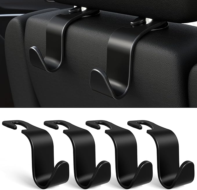 Amooca 4-Pack Car Headrest Hooks Vehicle Storage Organizer for Purses Handbags Groceries Backpack Coats –Holds 55lbs 360° Rotating Black