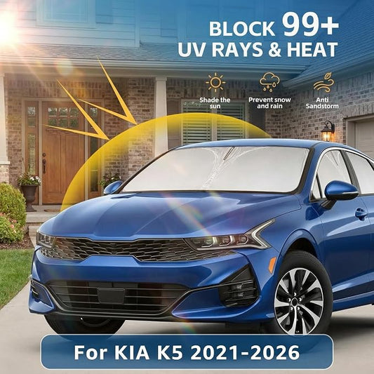 Windshield Sun Shade for KIA K5 2021 2022 2023 2024 2025 2026 Front Window Shade Custom Fit K5 Accessories, GT-Line, GT, Sedan Sun Visor Foldable Shade Blocks UV Rays Summer Must Have Car Accessories