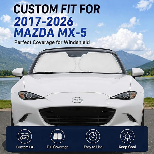 Custom Fit Windshield Sun Shade for Mazda MX-5 Miata Convertible 2016-2026 | Custom Fit Windshield Cover, Blocks UV Rays, Double-Layer Heat Shield, Durable Frame, Easy Fold & Storage