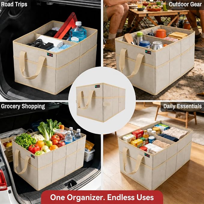 PAT SAM'S Car Trunk Organizer for SUV, Foldable Collapsible Storage Organizer with Dividers, Non-Slip Waterproof 600D Oxford, Backseat & Trunk Storage for Groceries, Tools, Toys (Beige)