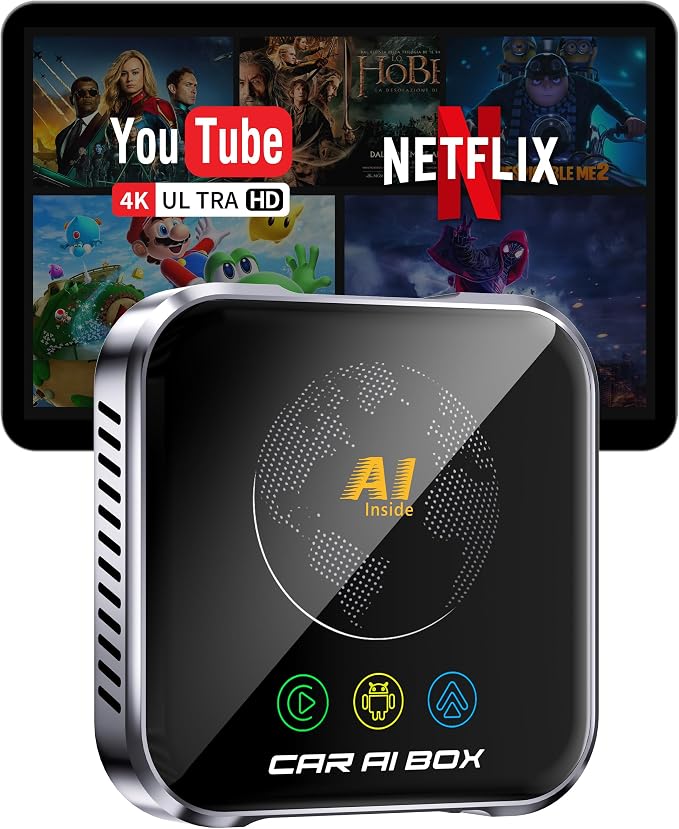 Magic AI Box Wireless CarPlay Adapter, Fast Car Video Box Plug & Play, Easy Setup, Supports Netflix/YouTube/TF Card Streaming Equalizers and More for OEM Wired CarPlay/Android Auto Cars(Jet)