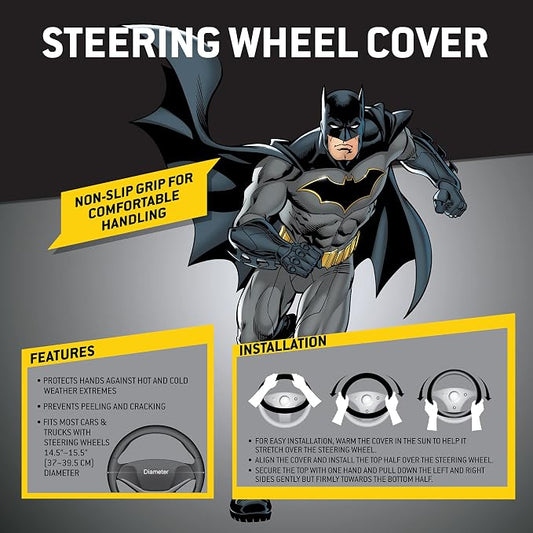 Warner Bros DC Comics Batman Steering Wheel Cover - Ergonomic Grip, Universal Size 14.5-15.5 in, Protects and Insulates Your Wheel, Car Accessories for Car, Truck, Van, SUV