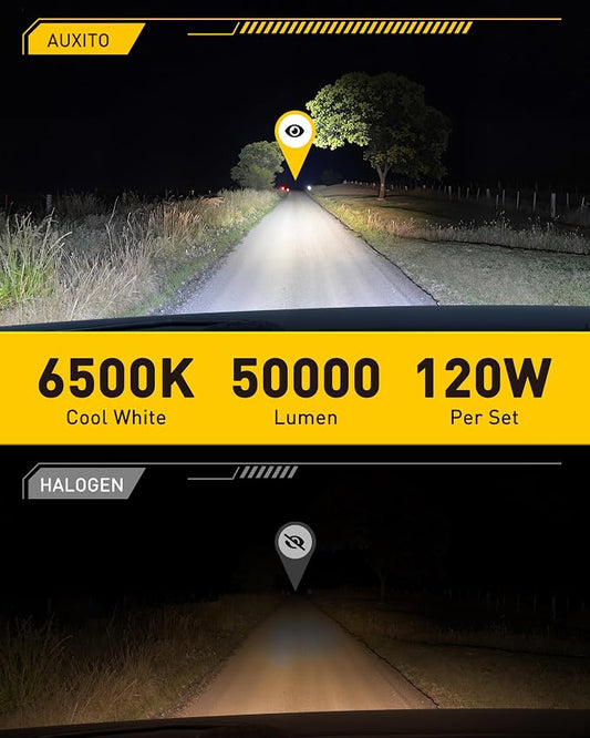 AUXITO 9005 Light Bulbs, 50000LM 1000% Brighter 6500K Cool White HB3 Light with Fan, LED Fog Light 30 Years Lifespan, CANbus Ready No Flicker, Pack of 2