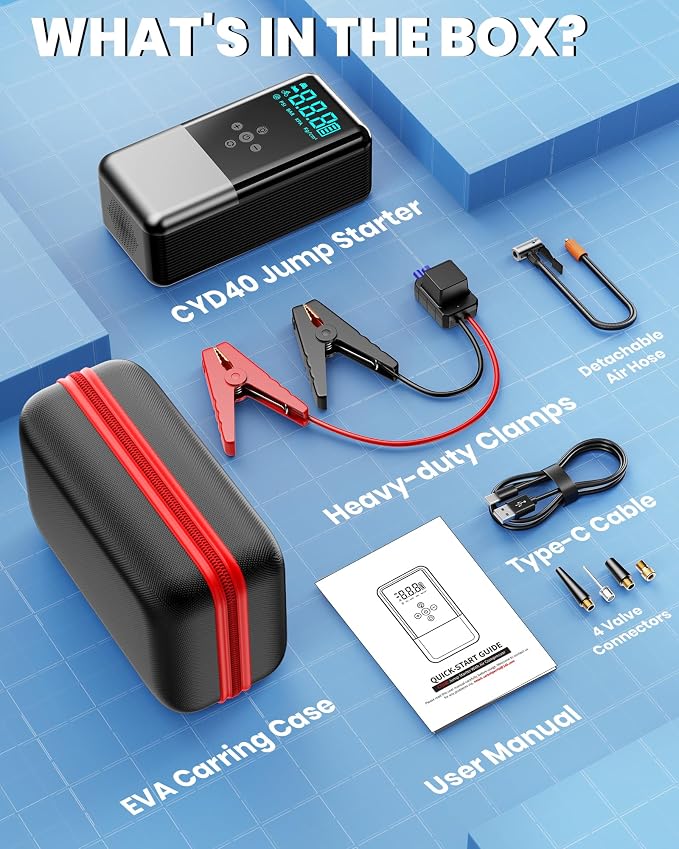 Jump Starter with Air Compressor 8000A 160PSI Battery Jumper Starter(10L Gas/All Diesel) Jump Box Car Battery with Auto-Shutoff Tire Inflator, Jumper Cables and Flashlight