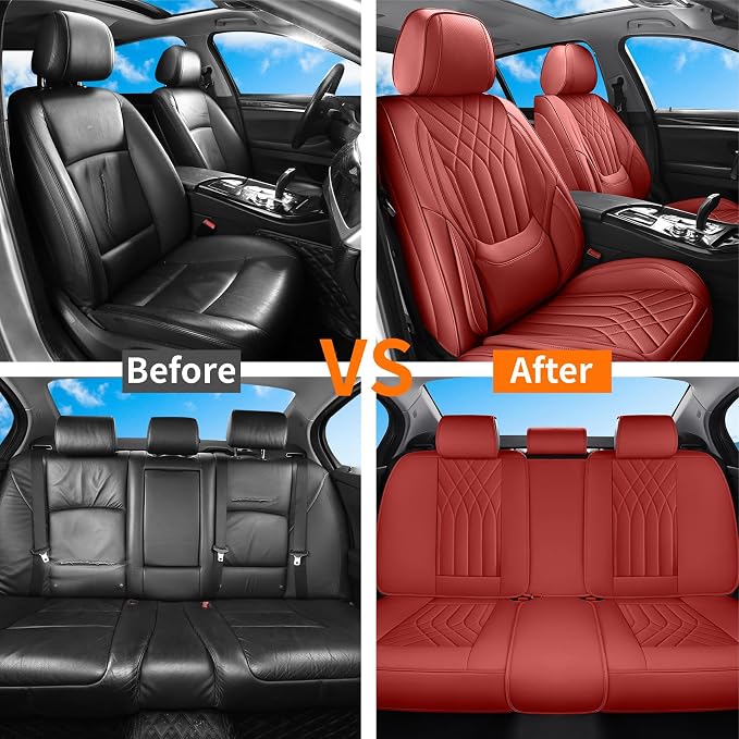 Burgundy Red Car Seat Covers Full Set, Luxury Faux Leather Red Seat Covers for Cars Front and Back Seats Protector, Waterproof Full Wrapped Covers Universal Fit for Most Cars Sedans SUVs