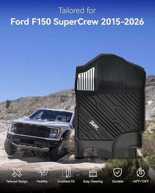 3W Floor Mats (with Metal Pedals) Fit for Ford F-150 2015-2026 & F150 Lightning 2022-2025 SuperCrew, TPE All Weather Car Mats Custom Fit Accessories (w/s Original fold Under-Seat Storage Box)