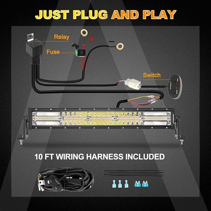 Auxbeam LED Light Bar 22 Inch 120W, 6 Modes Amber White Strobe LED Bar Dual Color Flood Spot Combo Fog Off Road Driving Work Light with 10FT Wiring Harness for Truck Boat Tractor ATV UTV Jeep Pickup