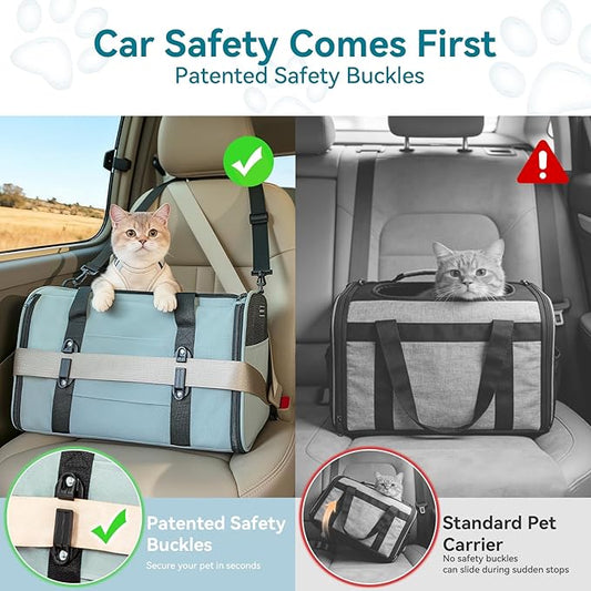 PETSFIT Large Cat Car Carrier with Patented Safety Buckles(19 x 12 x 12) โ Roomy Escape-Proof for Safe Driving, Lockable Zippers & Safety Tether, Soft-Sided Travel Carrier for Road Trips & Vet Visits