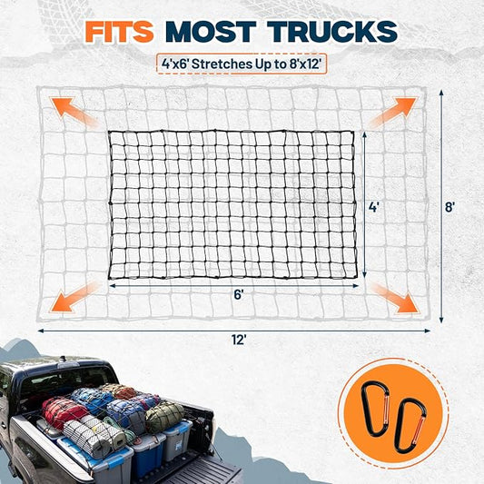 4' x 6' Cargo Net (Stretches to 8'x12') with 12 Metal Carabiners | 4" x 4" Mesh, Bungee Truck Bed Net, Large Items Organizer Accessory for Pickup Trucks, RVs, and Cargo Storage