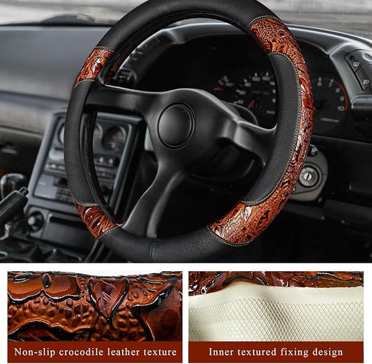 Leather Car Steering Wheel Cover, 15" Crocodile Pattern Anti Slip Car Wheel Wrap with Rose Grain, Four Seasons Universal Auto Steering Wheel Protector for Cars Trucks SUVs (Brown & Black)
