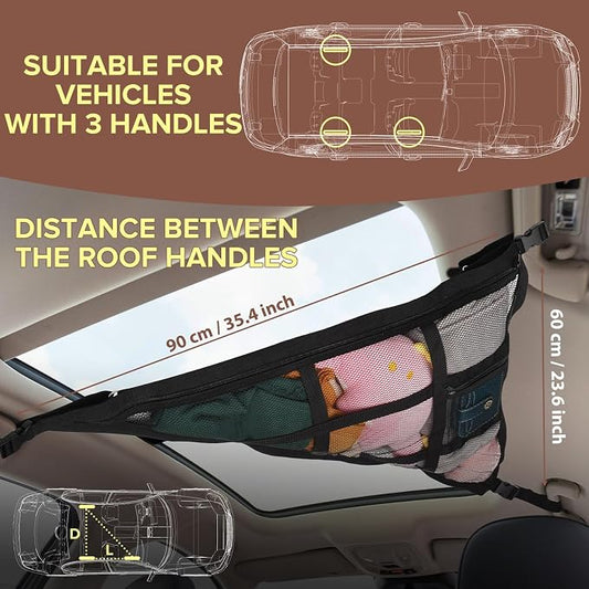 3 Handle Car Ceiling Cargo Net for SUV Roof Storage | Large 35.4" x 23.6" Perfect for road trips, camping, family travel and car organization,No tools required