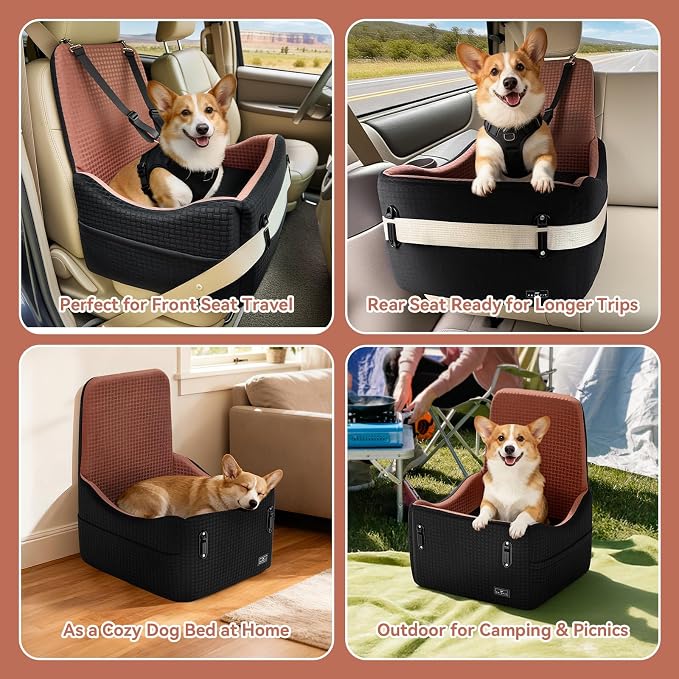PETSFIT Dog Car Seat for Small/Medium Dogs Up to 35 lbs โ Patented Safety System, 5" Memory Foam Pet Booster Car Seat, Fully Detachable and Washable Dog Carseat with 2 Storage Pockets (Black/Brown)