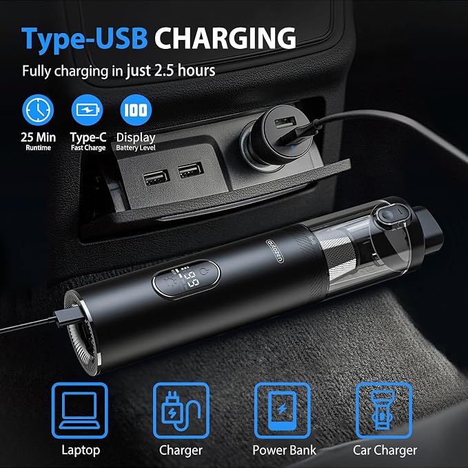 17000Pa Powerful Cordless Car Vacuum, 4-in-1 Handheld Cleaner for Cleaning, Blowing, Inflating & Pumping with LED Display & Light, Portable Mini Tool for Car, Home, Pet Hair, Office