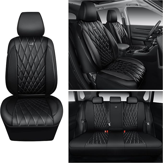 CAR PASS Rav4 Seat Covers Full Set Custom Fit for Toyota RAV4 Tocamo Corolla-Cross 2019-2024, Luxury Nappa Leather Waterproof Rav 4 Seat Covers, Anti-Slip Comfortable Airbag Compatible, Full Black