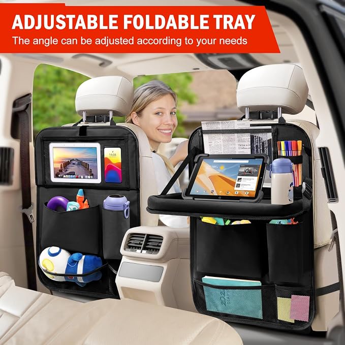 2Pack Car Backseat Organizer with Foldable Table Tray,6 Storage Pockets Car Storage Organizer with Tablet Holder,Car Seat Back Protectors Kick Mats Travel Accessories (Black)