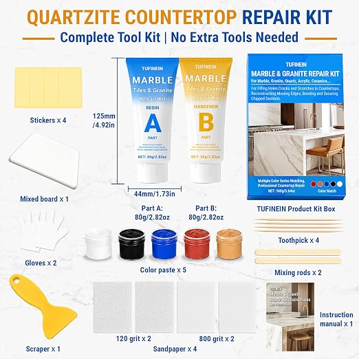 Marble Countertop Repair Kit, 160g/5.64oz Tile Repair Kit for Granite Quartz Acrylic Ceramic Stone and Fill Hole Chips Crack Scratches Dents, Reattaches Missing Edges on Countertops (Color Match)