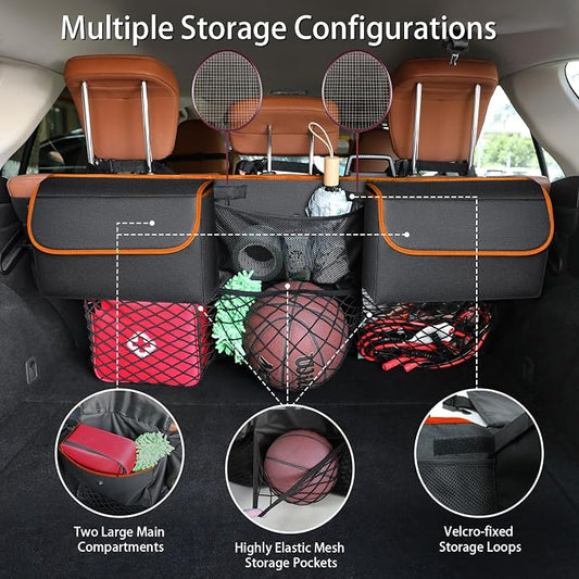 Deluxe Trunk Organizer, Orange, Compact & Mid Size SUV | Backseat Hanging, Waterproof Collapsible, 6 Pockets, Reinforced No-Sag Design