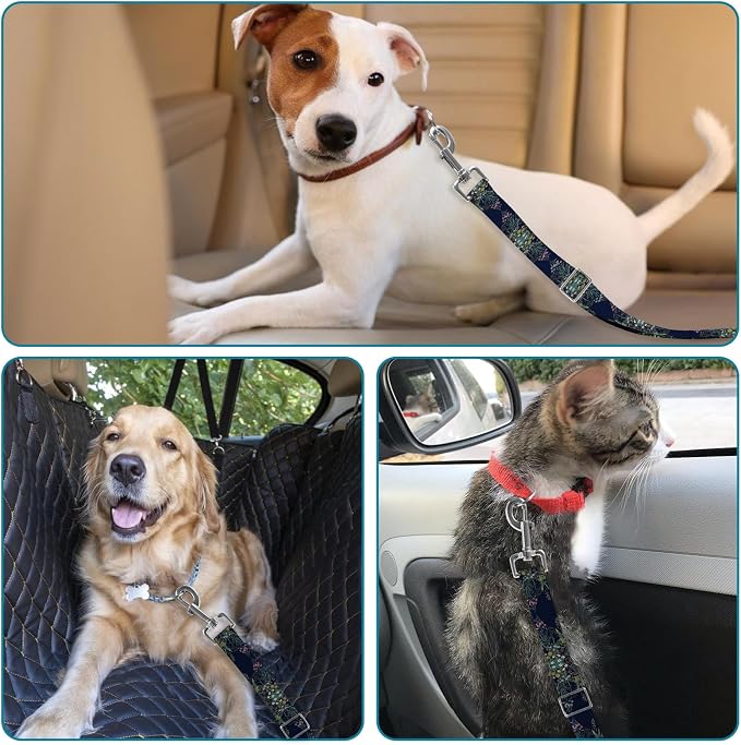 Adjustable pet cat and Dog car seat Belts. The Lanyard is Flexible and Adjustable from 20 to 33 inches(White Flowers + Black Flowers)