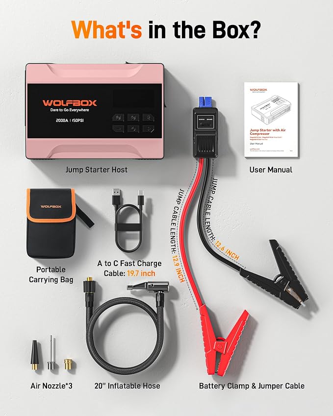 WOLFBOX 2000A Jump Starter with Air Compressor, 37Wh Car Battery Booster Jumper Starter Portable(up to 5L Gas Engine), 12V Jump Box Pack with 150PSI Tire Inflator, Jumper Cables, LED Light — Rose Gold