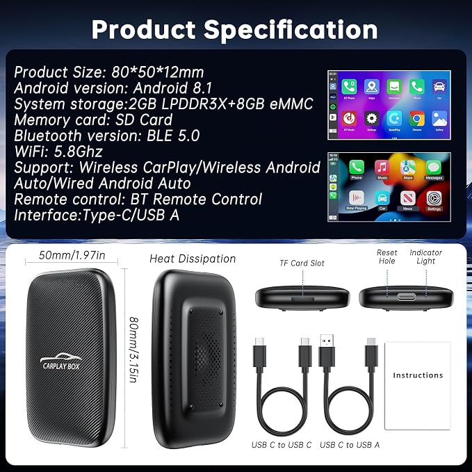 5-in-1 Android Auto Wireless Adapter and Apple CarPlay Adapter, Wireless Carplay Adapter with Netflix YouTube TF Card, Plug & Play, Easy Setup, Magic Video Ai Box for OEM Wired Apple Car Play Cars