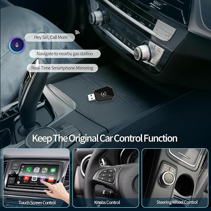 Wireless Carplay Adapter, Android Auto Adapter Plug and Play 2025 Carplay, Convert Wired to Wireless Supports Car Original Control, Mini Car Play Box for Cars