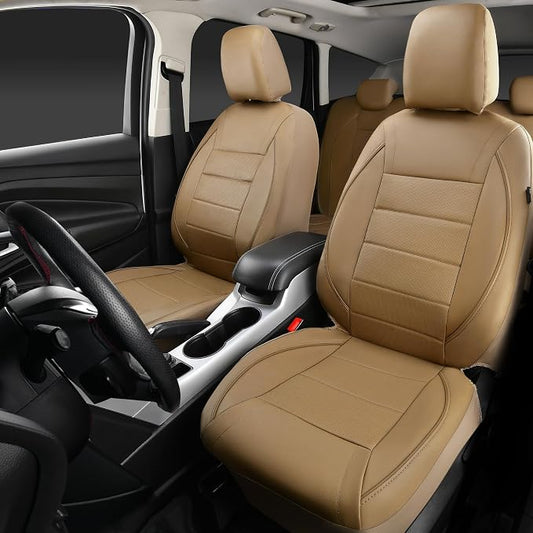CAR PASS Piping Leather Seat Cover,Universal FIT with Composite Sponge Inside,Airbag Compatible and Reserved Opening Holes,Inside zipper for Cars,Sedan,SUV,Truck(Full Set,Beige with Tan Piping-Stripe)
