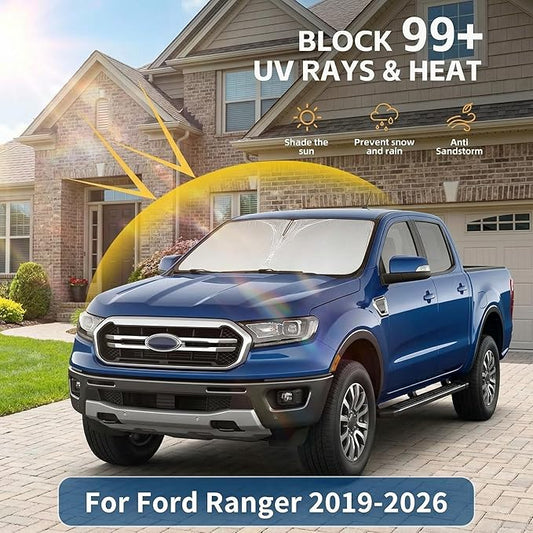 Windshield Sun Shade for Ford Ranger 2019-2024 2025 2026 Sunshade Front Window Shade Custom Fit Ranger Accessories Sun Visor Foldable Shade Blocks UV Rays Accessories