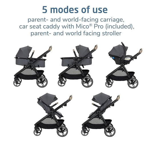 Maxi-Cosi Zelia Pro 5-in-1 Travel System with Mico Pro Infant Car Seat and Baby Stroller Combo, Reversible Seat, Large Wheels, Adjustable Handle, Newborn to Toddler, Lightweight, Sea Salt