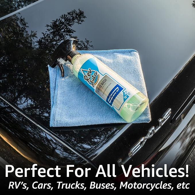 Rev Auto Waterless Car Wash Kit - Cleans Vehicles Without Water Source/Includes Two 16oz Waterless Wash Spray Cleaner and Microfiber Towels | Car Exterior Cleaner | No Rinse Car Wash Cleaning Spray