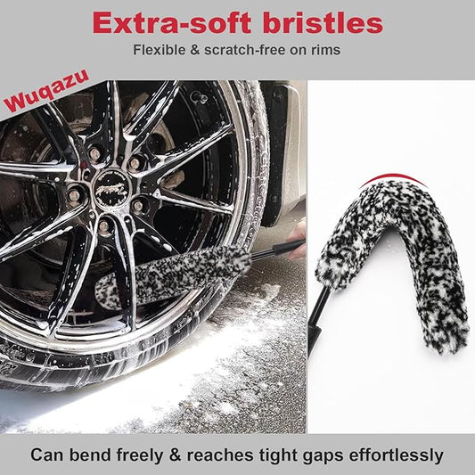 4PCS Compact Wheel & Tire Cleaning Kit - 360° Flexible Synthetic Wool Rim Brush, 2 Dual-Bristle Brushes & Microfiber Towel | Scratch-Free for All Vehicles