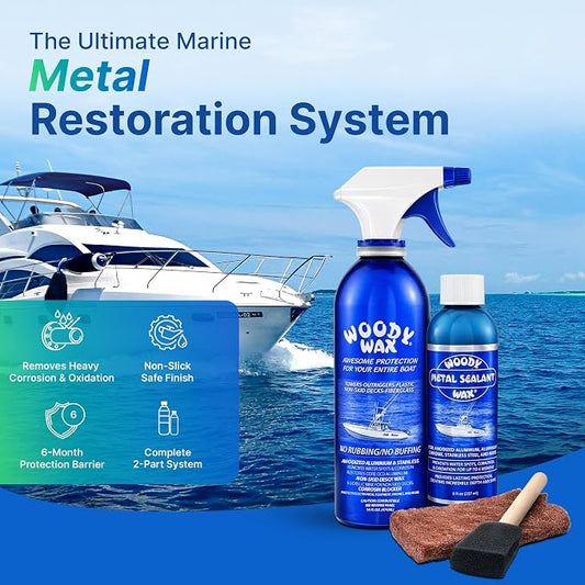 Woody Wax Tower Treatment & Metal Restoration Kit, Professional Boat & Marine Corrosion Blocker, High-Gloss Sealant for Aluminum, Steel & Outriggers, Restores Pitted Metal & Protects for 6 Months
