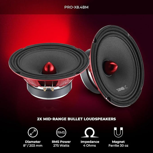 DS18 PRO-X8.4BMPK Mid and High Complete Package - Includes 2X Midrange Loudspeaker 8" and 2X Aluminum Super Bullet Tweeter 1" Built in Crossover - Door Speakers for Car or Truck Stereo Sound System