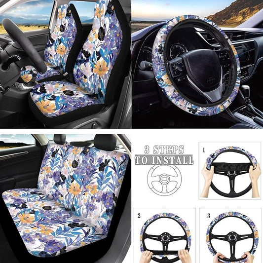 10 Pack Abstract Flower Car Seat Covers, Watercolor Flowers Field Front Seats Rear Bench Car Seat Protectors, Countryside Floral Universal Cars Interior Covers