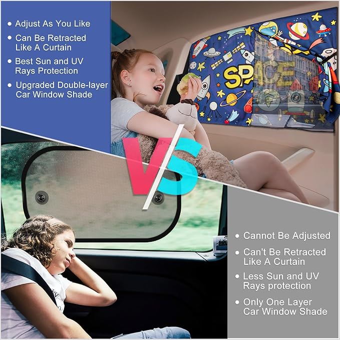 Car Sun Shade Side Window, 2pcs Magnetic Double Layer Car Window Shades for Privacy Full Covers/Half Shade Options Cute Space Pattern Side Window Curtains for Kids