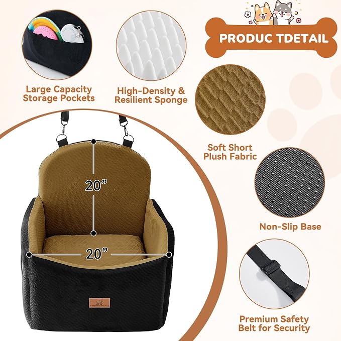 Dog Car Seat for Medium/Small Dogs, Dog Booster Car Seat, Pet Booster Seats Up to 40lbs with Waterproof Layer, 3 Storage Pockets and Safety Belt (Black/Brown)
