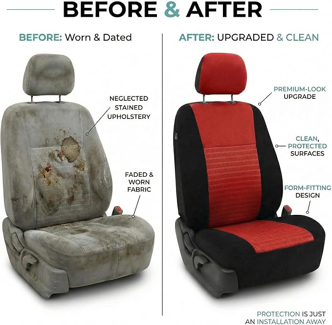 FH Group Universal Car Seat Covers Front Set for SUV Truck Sedan Vans | 3D Textured Breathable Fabric Seat Cover Set Protector with Airbag Compatible Interior Upgrade - Red