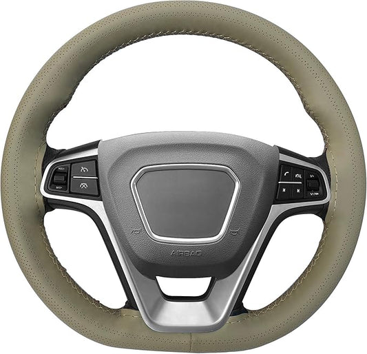 Carodi Leather Steering Wheel Cover, Breathable Non-Slip Design, Soft and Comfortable Feeling, Universal 15 Inch Auto Car Steering Wheel Stitch on Wrap(Size M,Beige)