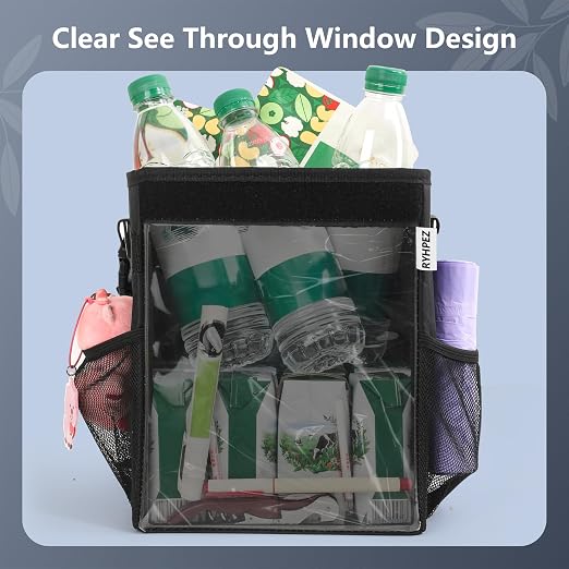 Ryhpez Car Trash Can with See Through Window, Clear Black Multipurpose Car Organizer Storage with Removable Liner, Leakproof Car Garbage Container for Vehicles, SUV, Truck (2.1Gallon/8L)