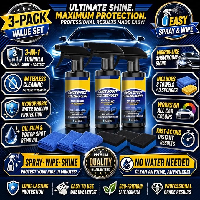 3-Pack Quick Effect Coating Agent for Car, Upgraded Car Coating Spray for Shine & Protection, Waterless Scratch Polish and Paint Shield Kit with 3 Microfiber Towels and 3 Sponges