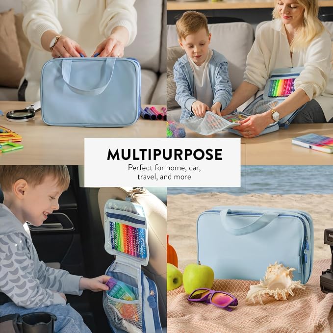 Kids Travel Organizer – Multi-Compartment, Water-Resistant Hanging Bag for Toys, Snacks, & Activities - Compact, Lightweight Design with Hook & Carry Handle - Perfect for Travel Use (Blue, Small)