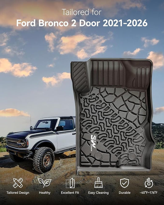 3W Floor Mats Fit for 2021-2025 2026 Ford Bronco 2 Door All Weather TPE Car Accessories Custom Fit Floor Liner 1st and 2nd Row Car Mats, Black (Not for Bronco Sport & Rubberized Floor)