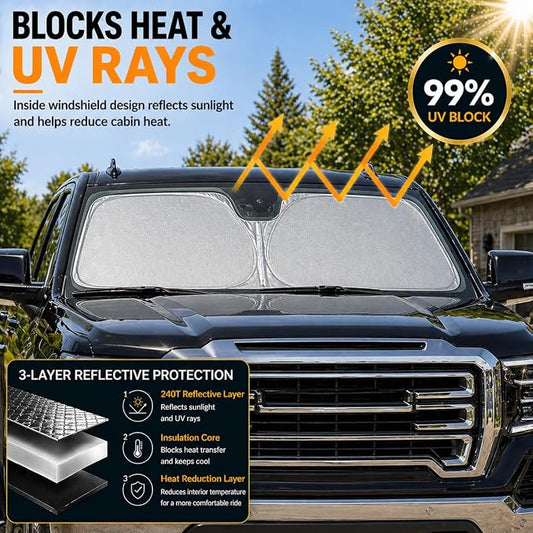 GMC Sierra Windshield Sun Shade, Custom Fit Foldable Front Window Sunshade Visor, UV and Heat Protection Interior Cover, Fits 1990–2025 Models