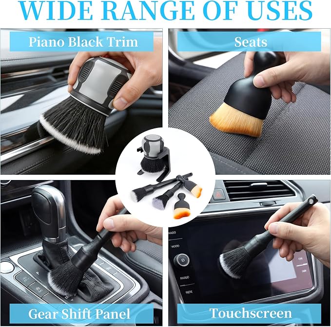 Supkiir 5 Pcs Car Detailing Brushes, Ultra Soft Bristles Dusting Brush with Storage Rack, Curveball XL Synthetic Brush Automotive Interior Dusting Brushes, Covers Large Area Inside or Outside Vehicles