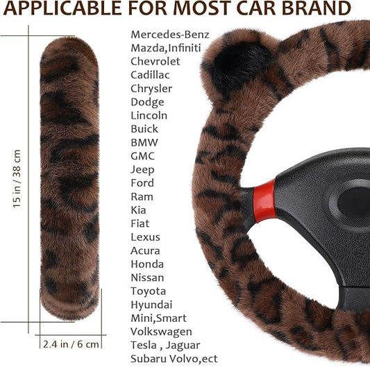 Accmor Fuzzy Car Steering Wheel Cover, Warm Fluffy Leopard Steering Wheel Cover with Cute Ears, Soft Plush Furry Car Accessories Decor for Women, Non-Slip Universal 15 inch Fit Vehicle, Truck, SUVs