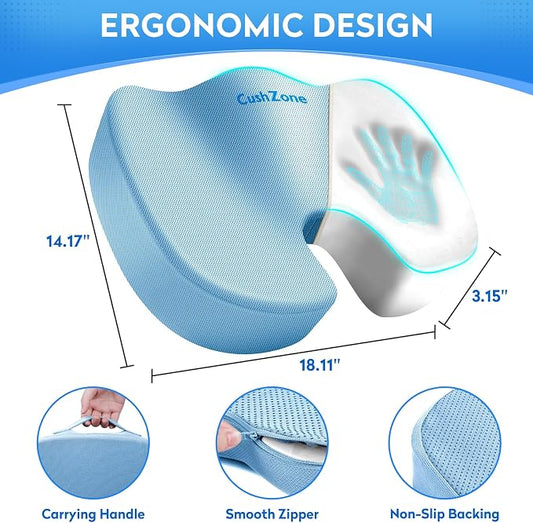 CushZone Seat Cushion, Office Chair Cushions, Car Seat Cushion, Non-Slip Sciatica & Back Coccyx Tailbone Pain Relief Chair Pad, Memory Foam (Light Blue)
