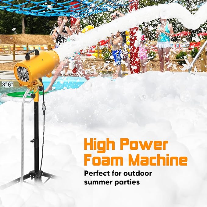 Foam Machine for Foam Party, 3–5m Spray Distance Foam Cannon, Iron Barrel Body, Waterproof Control Box, Water Pump, 4-Position Adjustable Tripod Stand, AC110V Outdoor Foam Maker