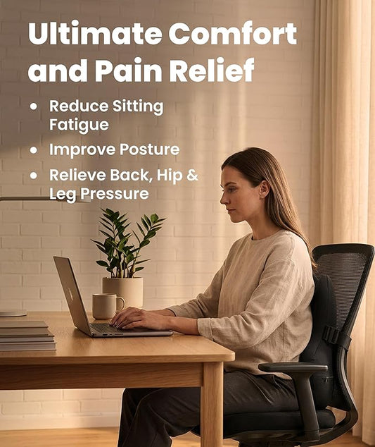 Everlasting Comfort Lumbar Support Pillow for Office Chair - Memory Foam Back Cushion for Car Seat - Promotes Better Posture, Back Pain Relief - Ideal Gaming and Desk Chairs Work and Home Essentials